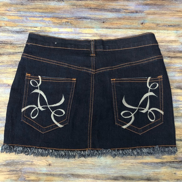 Denim Mini Skirt Embroidered Fringe Raw Hem - Picture 12 of 13